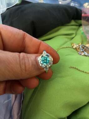 Blue-Green Round Cut Halo Statement Ring in Silver Tone